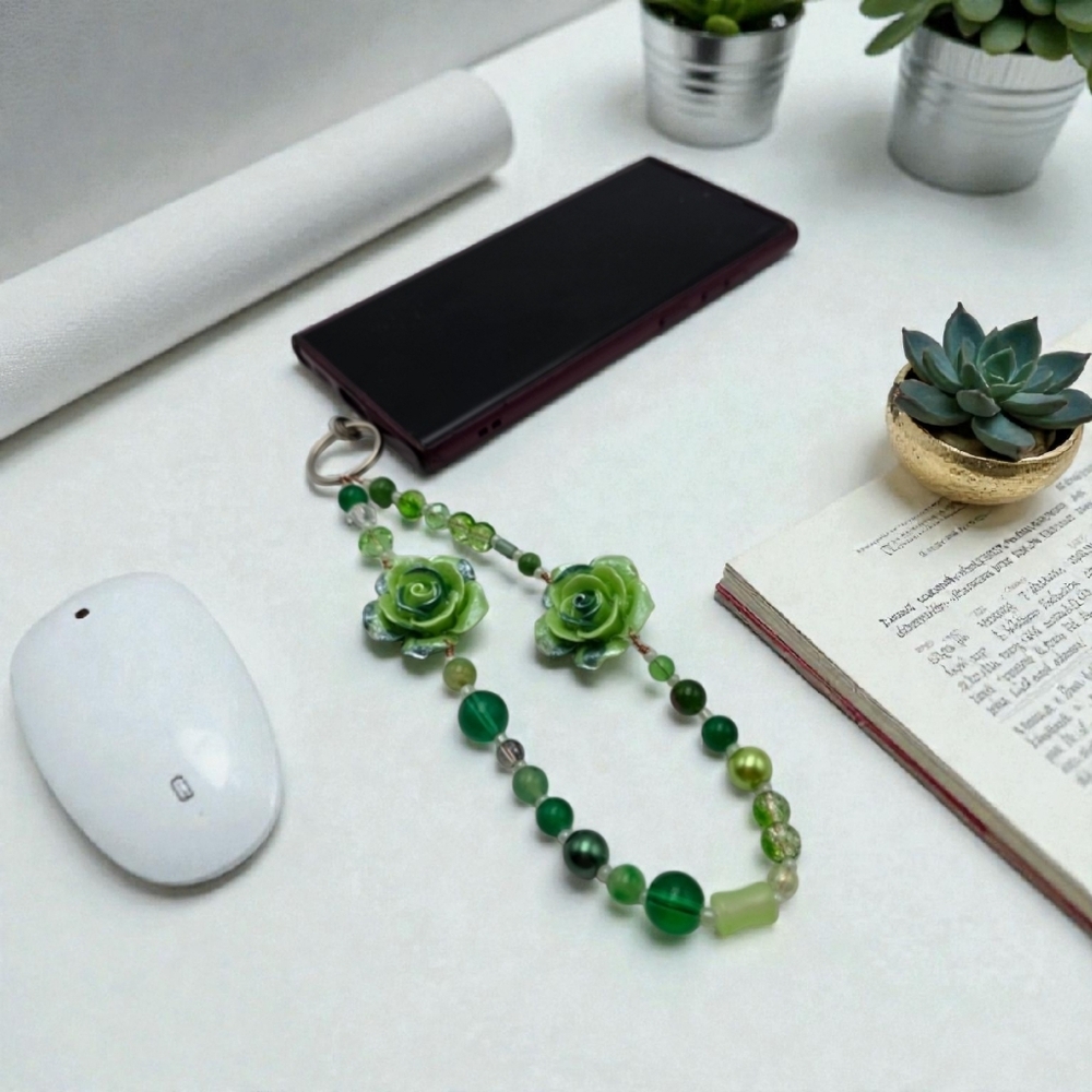 Green Beaded Phone Charm with Rose Accents Cute Floral Handmade Strap